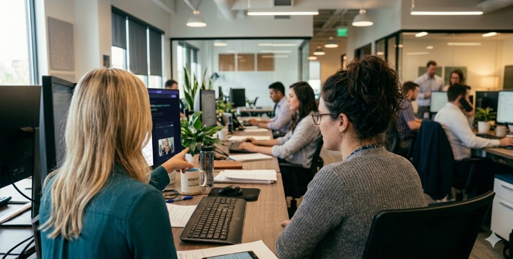 Two insurance professionals collaborating over a commercial proposal on screen in a modern office