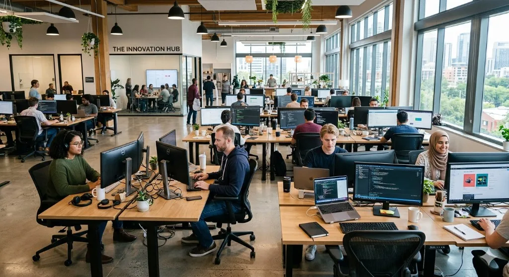 Modern insurance agency office with agents building digital proposals