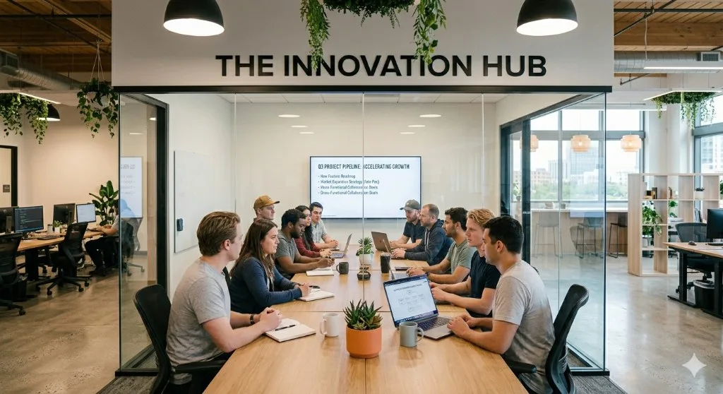 Insurance agency team collaborating on proposal strategy in a conference room